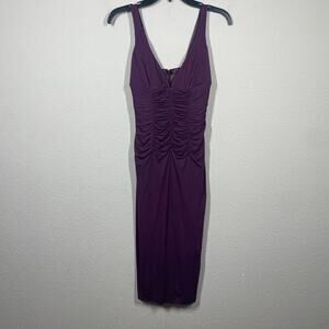 Maria Bianca Nero Size Small Ruched Sheath Midi Dress Purple V Neck Sleeveless